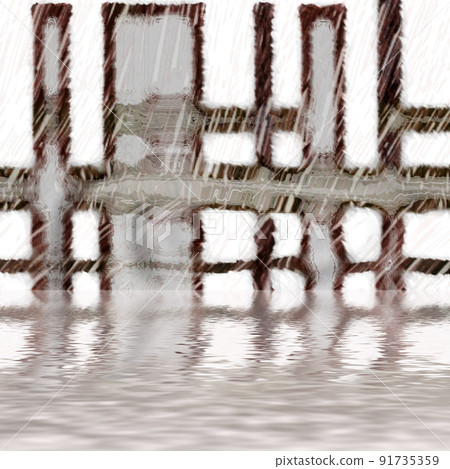 Concept of water ripples with a painted metal frame background. Creative, abstract copyspace of metallic window detail and rain fall on a lake. Tranquil brown and grey reflections on a peaceful pond 91735359