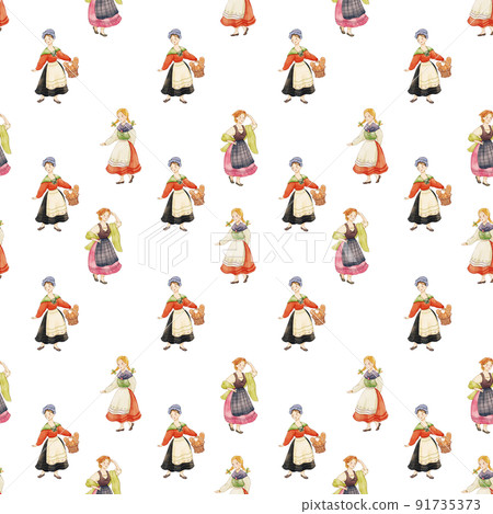 European folk farm life watercolor pattern seamless 91735373