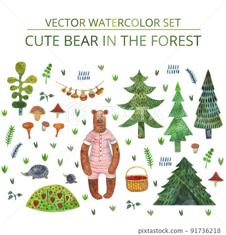 Vector watercolor set Cute bear, hedgehog, spruce, pine, mushrooms, basket with berries, leaves 91736218