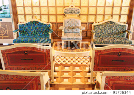 Interior of the special cabin of the Queen Ashinoko, designed by Eiji Mitooka, a pirate ship from Lake Ashi, Hakone 91736344