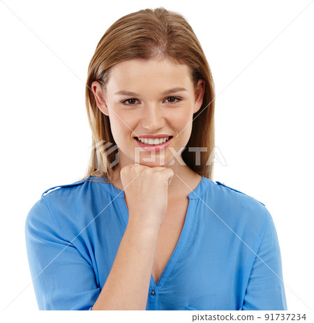 Fnding Yourself - the teenage years. Closeup shot of a pretty teenage girl standing with her hand on her chin. 91737234