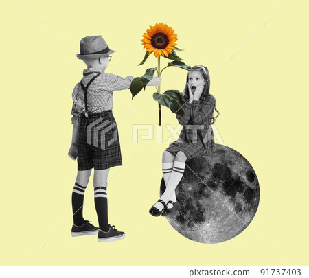 Contemporary art collage. Little boy, child giving girl a sunflowers isolated over light yellow background 91737403