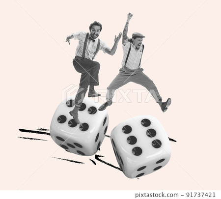 Contemporary art collage. Two stylish men jumping over playing dice isolated on beige background. Life is a game 91737421