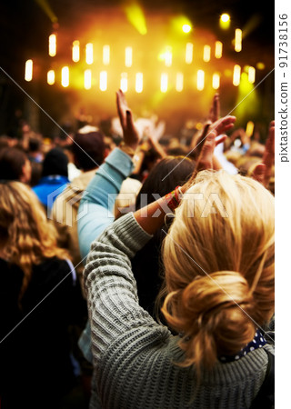 The crowd goes wild. Rearview shot of a crowd of young people at an outdoor music festival. 91738156