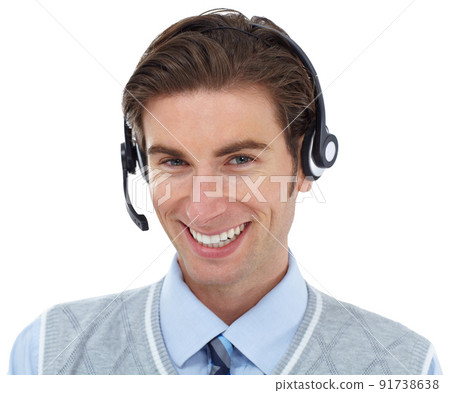 Here to help. A young call center agent smiling at you while isolated on white. Here to help. A young call center agent smiling at you while isolated on white. 91738638