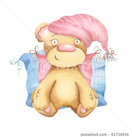 Cute teddy bear, watercolor hand drawn illustration, can be used for children's poster or postcard, with white isolated background 91738956