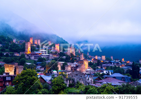 Mestia village with typical tower houses in Svaneti, Georgia. 91739555