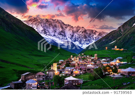 Ushguli village near highest georgian mountain Shkhara at sunset in Svaneti, Georgia. 91739563