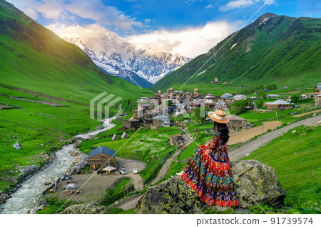 Tourist enjoy view of Ushguli village in Georgia. 91739574