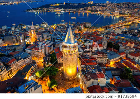 Galata tower at night in Istanbul, Turkey. 91739594
