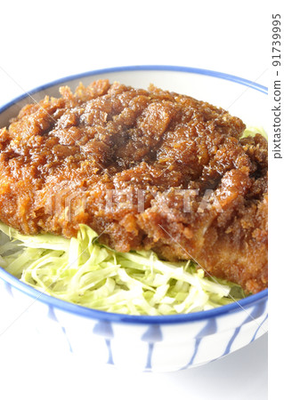一個辣醬和一個碗,在白色背景上的捲心菜絲上,肉排上纏繞著大量的醬汁 一個辣醬和一個碗,在白色背景上的捲心菜絲上,肉排上纏繞著大量的醬汁 91739995
