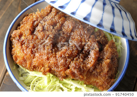 熱醬汁和碗的鳥瞰圖,在捲心菜絲上放著一塊與大量醬汁纏繞在一起的炸肉排 熱醬汁和碗的鳥瞰圖,在捲心菜絲上放著一塊與大量醬汁纏繞在一起的炸肉排 91740450