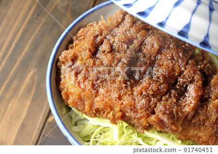 熱醬汁和碗的鳥瞰圖,在捲心菜絲上放著一塊與大量醬汁纏繞在一起的炸肉排 熱醬汁和碗的鳥瞰圖,在捲心菜絲上放著一塊與大量醬汁纏繞在一起的炸肉排 91740451
