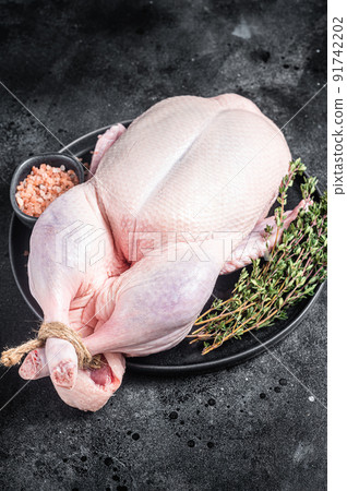 Organic eco uncooked whole duck with thyme and salt. Black background. Top view Organic eco uncooked whole duck with thyme and salt. Black background. Top view 91742202