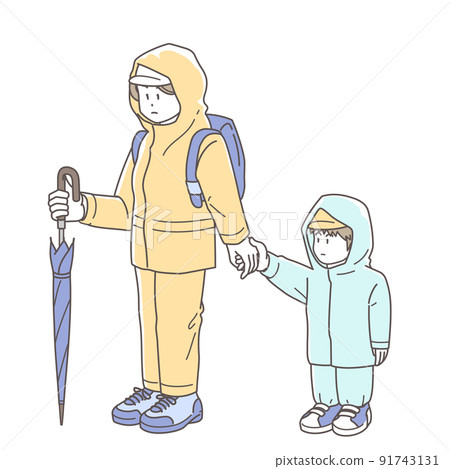 一名婦女在發生洪水時拉著孩子的手撤離的插圖 91743131