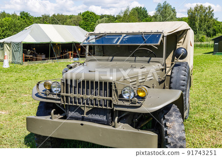Vintage military truck in the military history museum of World War II. Ketrzyn, Poland, 11 June 2022 91743251