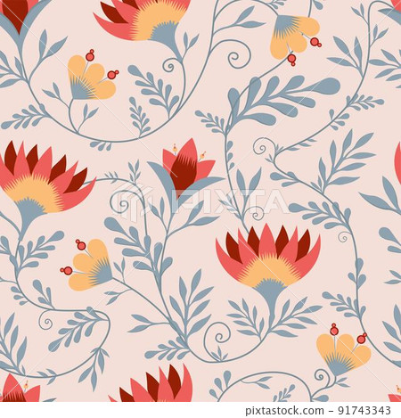Spring trend pattern. Seamless pattern for printing onto fabric and textile design. Fashionable print for paper in ethnic style. Vector illustration. Pink color 91743343