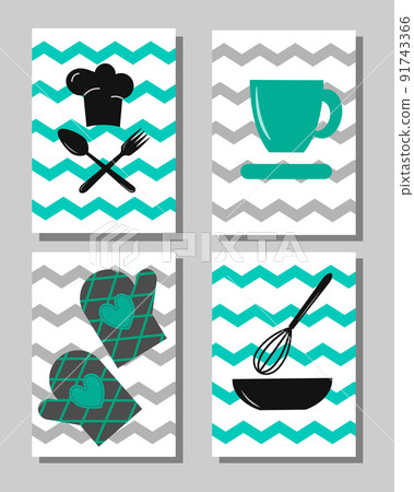 Posters with kitchen tools. Set from different illustrations. Chefs hat, spoons and forks, oven mitts, salad bowl and whisk. Use for decoration of kitchens, restaurants, menus and other interiors. Posters with kitchen tools. Set from different illustrations. Chefs hat, spoons and forks, oven mitts, salad bowl and whisk. Use for decoration of kitchens, restaurants, menus and other interiors. 91743366