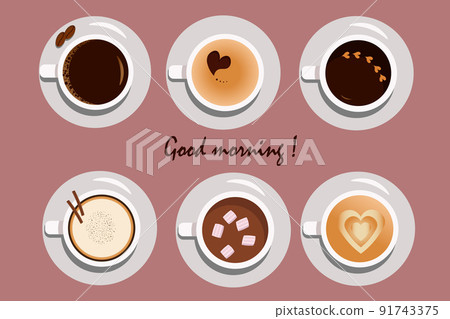 Set of cards with cups and coffee. Top view of a different assortment of coffees. For use in logos and icons, labels, coffee breaks, catering. Vector illustration on a colored background with text. 91743375