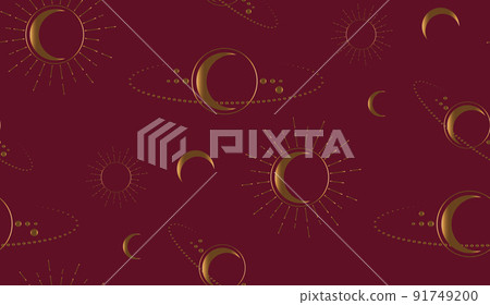 gold Seamless Space Mystical Sacred geometry. Moon, sun, stars, orbits. Crescent Moon magic pagan Wicca goddess symbol. Alchemy, esoteric, occultism. Vector isolated on dark red background gold Seamless Space Mystical Sacred geometry. Moon, sun, stars, orbits. Crescent Moon magic pagan Wicca goddess symbol. Alchemy, esoteric, occultism. Vector isolated on dark red background 91749200