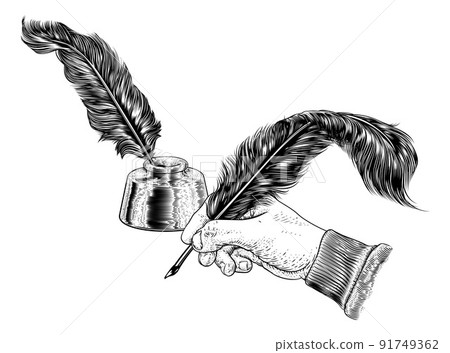 Quill Feather Ink Pen Hand Vintage Woodcut Print Quill Feather Ink Pen Hand Vintage Woodcut Print 91749362