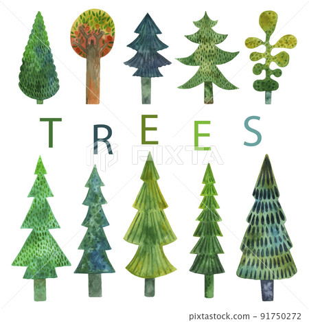 Cute set of trees in children's style spruce, pine, apple tree. watercolor illustration. 91750272