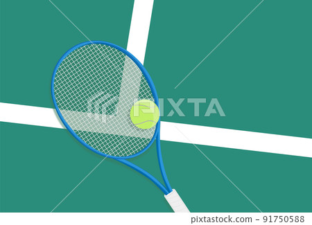 Tennis. Spring sport composition with yellow tennis ball and racket on a green background of tennis court with copy space. Sport and healthy lifestyle. The concept of outdoor game sports. Flat lay 91750588