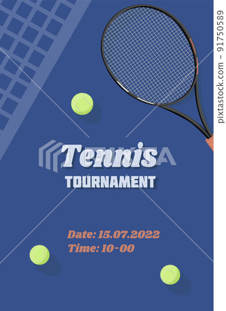 Vertical Tennis Championship and Tournament Poster. Indoor, outdoor, navy blue, racket, court. Close up. Flat, simple, retro style. Vector template Vertical Tennis Championship and Tournament Poster. Indoor, outdoor, navy blue, racket, court. Close up. Flat, simple, retro style. Vector template 91750589