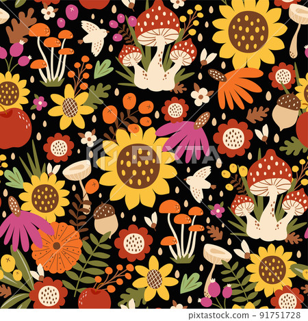 Sunflower pattern on dark background. Autumn floral seamless pattern, sunflowers, mushrooms, bird. Fall vector illustration. 91751728
