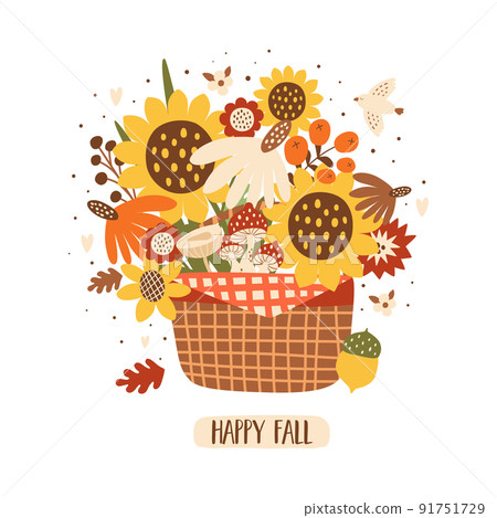 Fall bouquet Sunflowers autumn bouquet in basket. Fall flowers composition isolated on white. Autumn floral illustration. 91751729