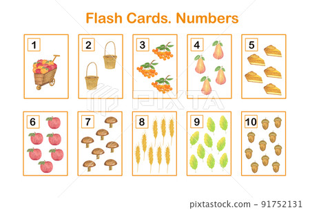 Number learning printable flash cards, educational English worksheet for kids, nursery, kindergarten, pre-school or leisure activity, teachers resources, games 91752131