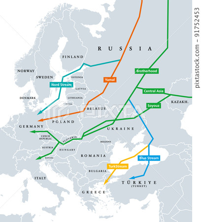 Natural gas pipelines from Russia to Europe, political map. Existing major pipelines, shown in different colors. Nord Stream, Yamal, Brotherhood, Central Asia, Soyouz, Blue Stream and Turkstream. 91752453