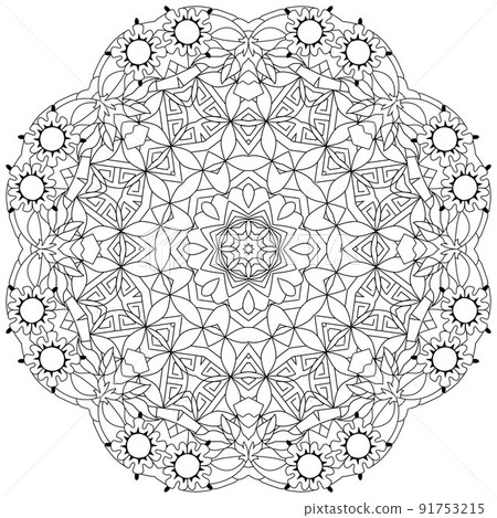 Hand drawn zentangle circular ornament for coloring page. 91753215
