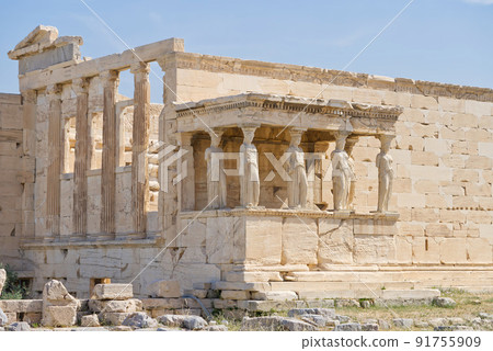 Figures of the Caryatid Porch of the Erechtheion on the Acropolis at Athens. Sunny day no people. Figures of the Caryatid Porch of the Erechtheion on the Acropolis at Athens. Sunny day no people. 91755909