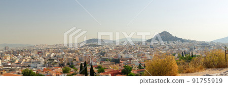 panoramic View from the Acropolis hill to the city of Athens, Greece. 91755919