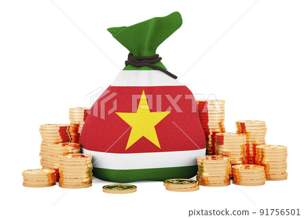 Money bag with Surinamese flag and golden coins around, 3D rendering 91756501