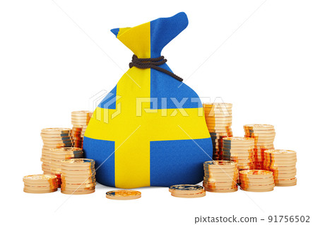 Money bag with Swedish flag and golden coins around, 3D rendering Money bag with Swedish flag and golden coins around, 3D rendering 91756502