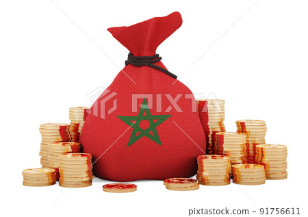 Money bag with Moroccan flag and golden coins around, 3D rendering 91756611