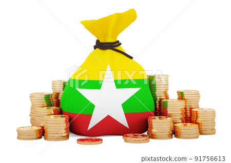Money bag with Myanmar flag and golden coins around, 3D rendering 91756613