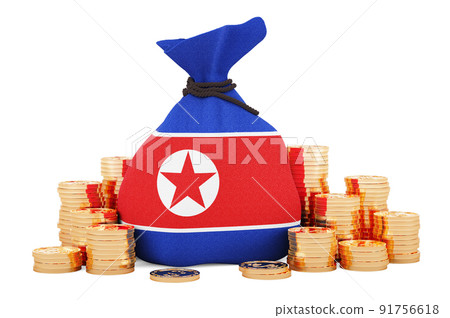 Money bag with North Korean flag and golden coins around, 3D rendering 91756618