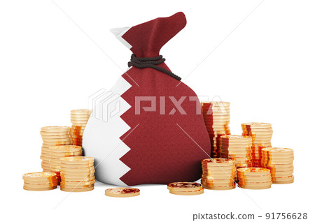 Money bag with Qatari flag and golden coins around, 3D rendering Money bag with Qatari flag and golden coins around, 3D rendering 91756628