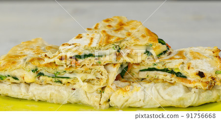 Pita wrap with tomatoes, cheese, ham and spinach on the green plate 91756668