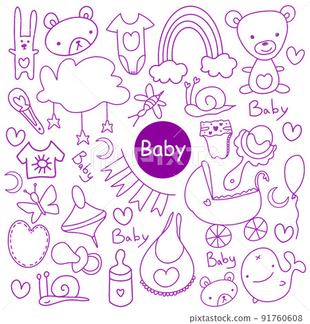 Vector Sketch hand drawn Doodle cartoon set of objects and symbols on the baby theme. Vector Sketch hand drawn Doodle cartoon set of objects and symbols on the baby theme. 91760608