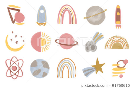 Vector Collection of space objects in boho style. Hand drawn watercolor set for nursery decor. 91760610