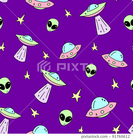 Vector Ufo children's pattern vector. Galaxy illustration in cartoon style. Seamless outer space ufo rocket science kids background pattern Vector Ufo children's pattern vector. Galaxy illustration in cartoon style. Seamless outer space ufo rocket science kids background pattern 91760612