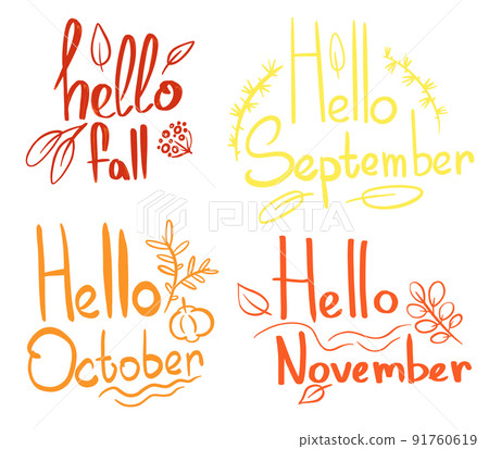 Vector Hello Autumn lettering text. Ink brush pen vector calligraphy. Modern brush phrase labels, logos, hand drawn tags and elements for fall. Vector Hello Autumn lettering text. Ink brush pen vector calligraphy. Modern brush phrase labels, logos, hand drawn tags and elements for fall. 91760619