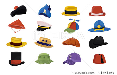 Cartoon hat trendy collection head wear. Cylinder, panama straw or cap clothes headgear vector illustration. Fashionable element headdress and icon drawing. Set group garment western and traditional 91761365