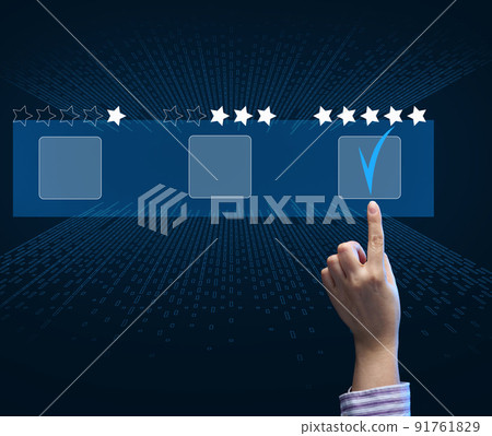 Concept of customer service and satisfaction. Female hand touching the virtual screen Concept of customer service and satisfaction. Female hand touching the virtual screen 91761829