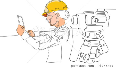 Caucasian worker with helmet on head using tablet Caucasian worker with helmet on head using tablet 91763255