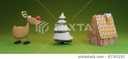 Gingerbread house, christmas tree and deer 91763282